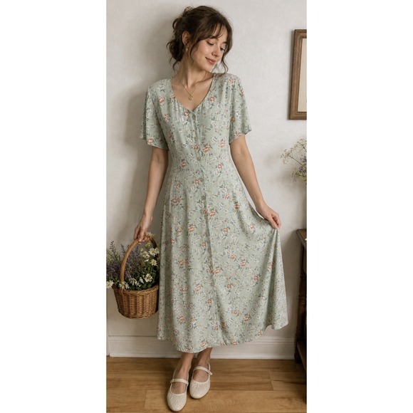 DJI Dresses & Skirts - Vtg 90s DJI Floral Cottagecore Ditzy Maxi Button Down Lace Up Back Dress 12